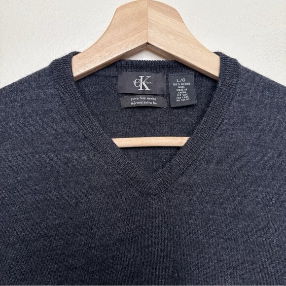 Calvin Klein Mens Large Extra Fine Merino Wool Vneck Sweater In Grey Color - Picture 12 of 16